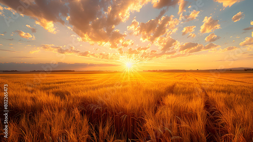 a rice sack in the foreground of a golden wheat field at sunset. photo