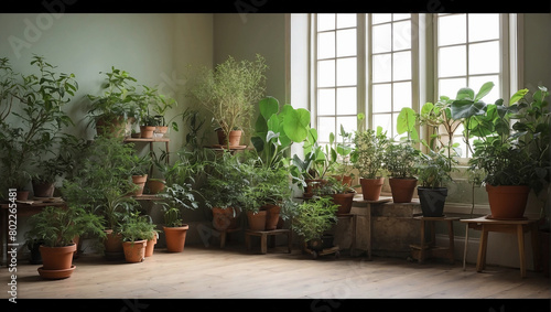  several potted plants in front of a large window.