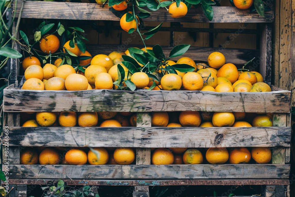 A rustic wooden crate overflowing with ripe, juicy oranges waiting to be freshly squeezed into orange juice.