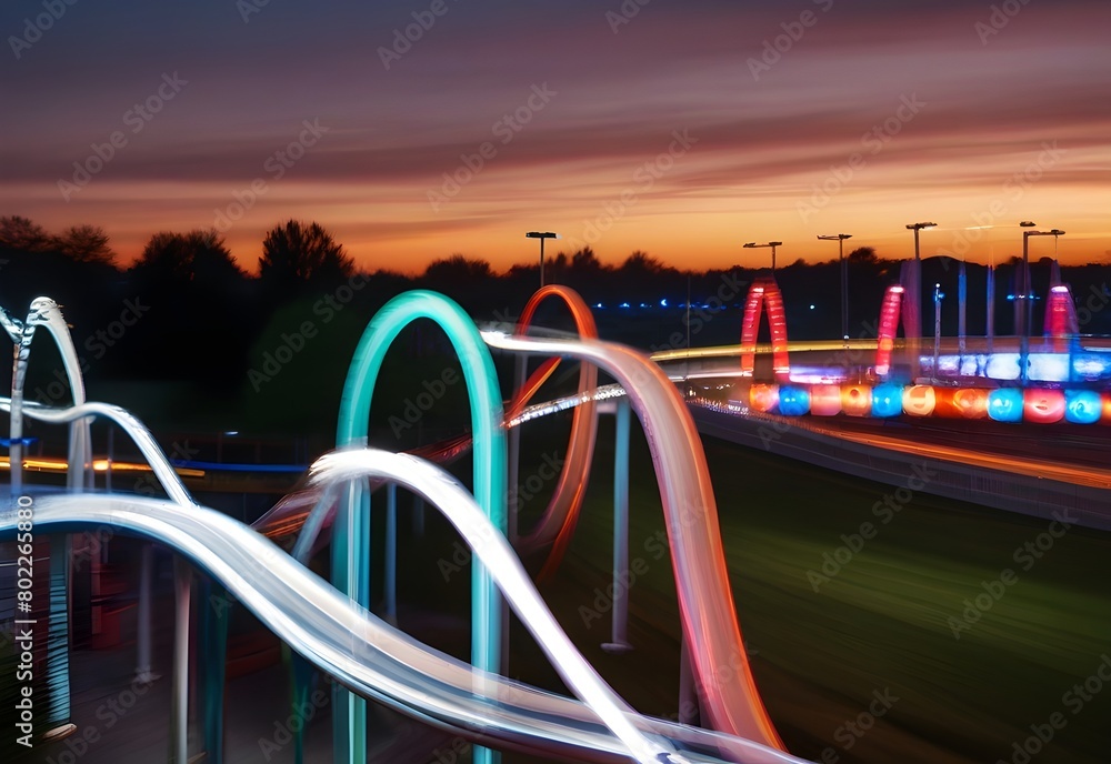 An amusement park, with blurred roller coasters and riders streaking through the scene, generative AI An amusement park, with blurred roller coasters and riders streaking through the scene, generative AI