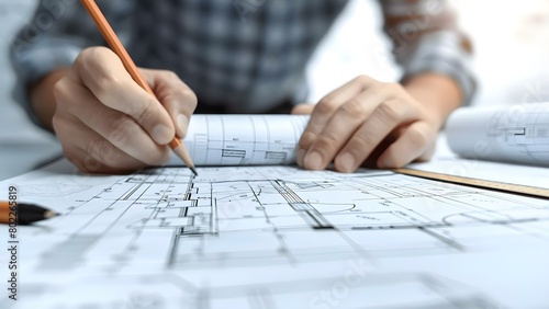 An architect measures blueprints to design houses according to standards and needs. Concept Architectural Design, Blueprint Measurements, House Standards, Designing Needs photo