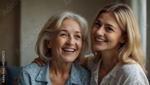Cheerful blonde grandmother and her daughter, a young woman, posing at home, sharing joyful smiles and laughter as they gaze at the camera ai_generated