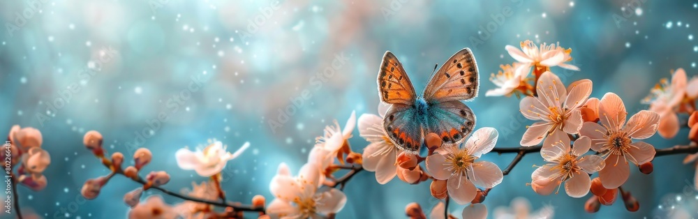 Spring Butterfly on Lovely Blossom Petals: Turquoise Blue Nature Background, Top View Frame - Springtime Concept