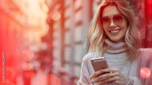 Happy hipster girl using smartphone for web browsing in urban setting. Concept Urban Lifestyle  Technology  Smartphone Usage  Happy Hipster  Cityscape