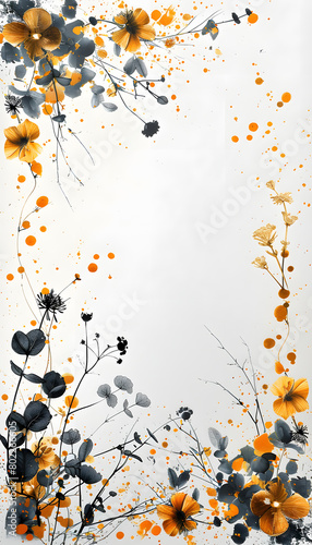 A botanical art piece featuring yellow and black flowers on a white canvas photo