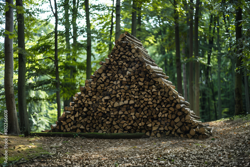 Forest kindling stacked in pyramid formation photo