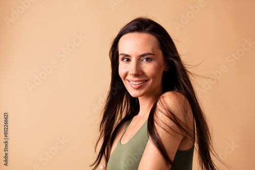Wallpaper Mural Photo of joyful lady look toothy smiling with fresh haircut after wash lotion isolated pastel color background Torontodigital.ca