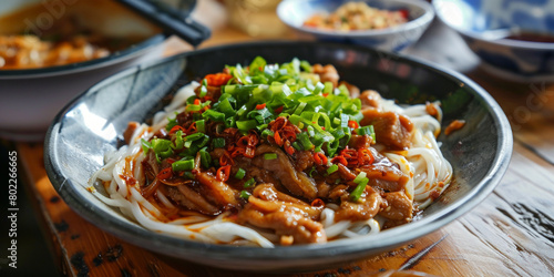 Delicious Asian Rice Noodles Topped with Pork  Green Onions  and Chili Peppers