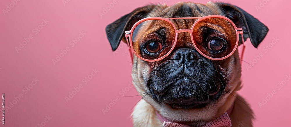 Cute Pug Wearing Pink Glasses on Pink Background