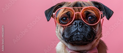 Cute Pug Wearing Pink Glasses on Pink Background