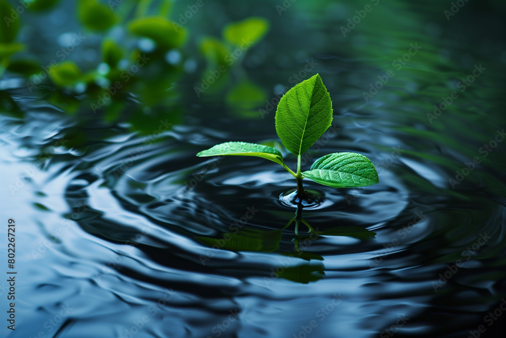 A serene scene. Tiny verdant plant drifting in calm waters A serene scene. Tiny verdant plant drifting in calm waters