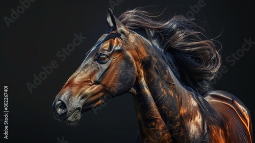 Produce a hyper-realistic digital illustration of a horse in a frontal view  ensuring each strand of its mane and fur is meticulously depicted with photorealistic precision Showcase the beauty and ele