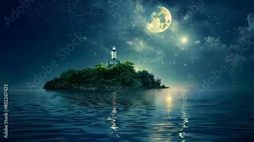 Illuminated lighthouse in the middle of the sea with moon and stars at night. AI photo