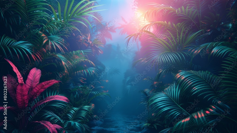 A dense jungle of exotic plants, with a mystical light shining through the foliage, Generative AI
