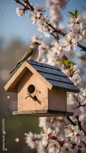 a picturesque scene, Picture a quaint birdhouse perched on a blossoming cherry tree branch, with a delightful bird peeking out from within.
