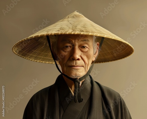 An old man in black robes, on his head is a conical bamboo straw  round shape hat . photo