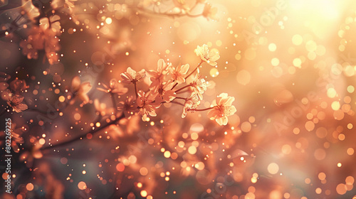 Apricot-colored particles float gently amidst a blurred background  imbuing the scene with a sense of warm serenity and delicate beauty.