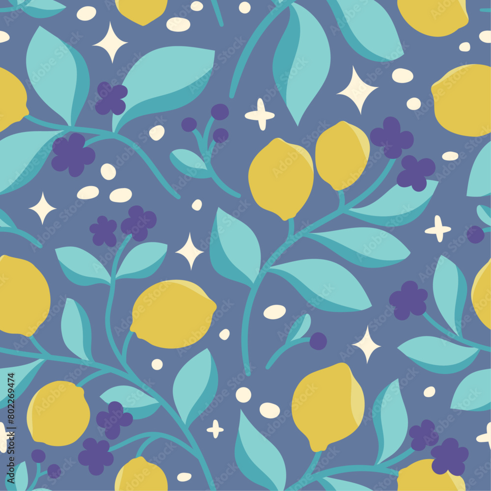 Seamless vector tropical fruits pattern. Cute background with hand drawn lemons. Modern print for fabric, textile, card, wallpaper.