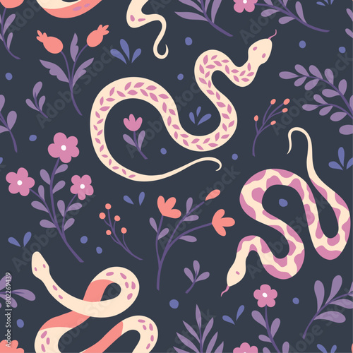 Cute seamless pattern with snake and floral elements. Vector illustration with cartoon drawings for print, fabric, textile.