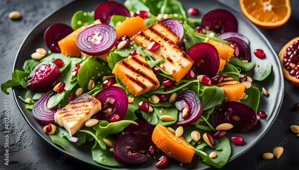 Fried Halloumi Cheese salad with beetroot, orange, pomegranate and pumpkin seeds, red onion, green vegetables. healthy food
