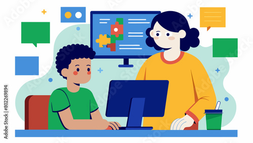 A person with autism engrossed in a computer coding and explaining the intricate details of computer programming to a curious bystander.. Vector illustration