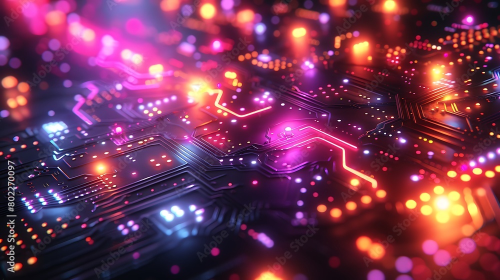 Fototapeta premium Explore an abstract representation of a futuristic circuit board, where sleek lines weave between luminous dots, creating a network of connections.