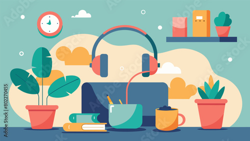 Quiet areas designated for employees to take breaks and recharge featuring noisecancelling headphones and calming décor to cater to neurodivergent. Vector illustration