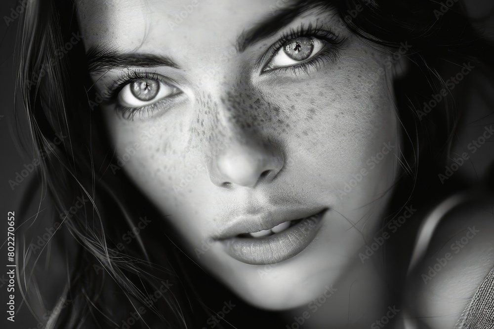 A mesmerizing portrait of a beautiful woman in black and white. A mesmerizing portrait of a beautiful woman in black and white.