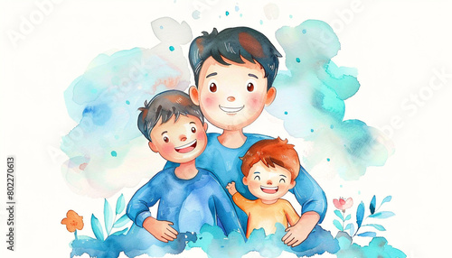 Colorful illustration of father and son in watercolor painting style - ai generative photo