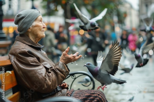 A pensioner sits on a bench and feeds pigeons. photo
