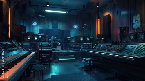 A serene scene of a music studio  its soundproofed walls and state-of-the-art equipment capturing the creative process of music production on Global Beatles Day.