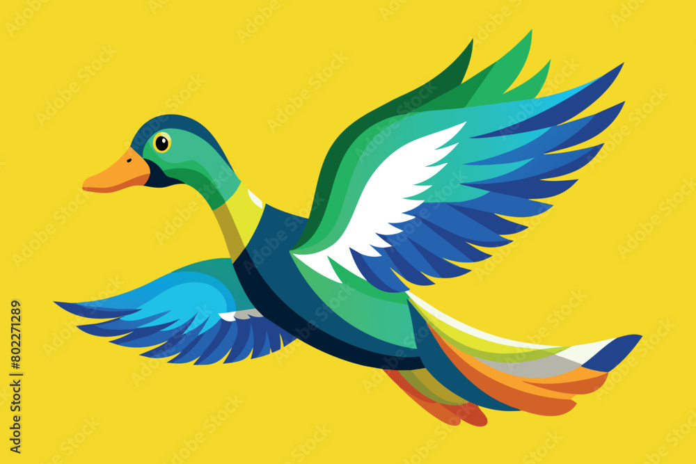 A colorful bird with a yellow background flying in the sky A colorful bird with a yellow background flying in the sky