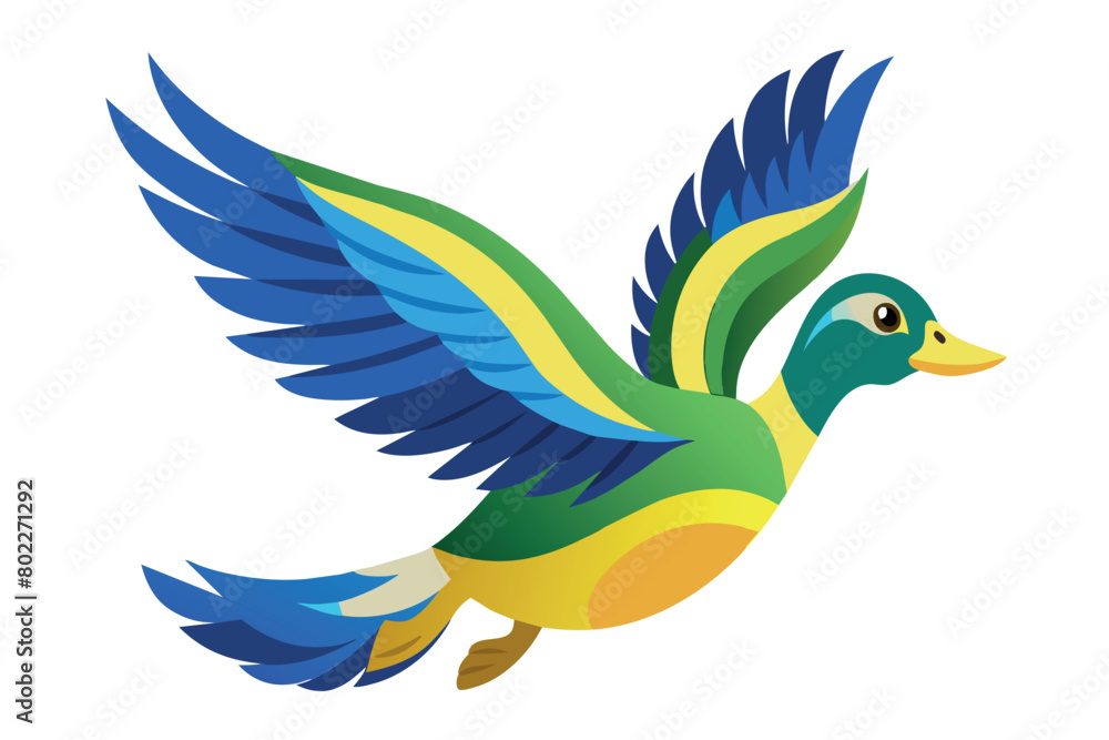 A colorful bird with blue, yellow, and green feathers is flying in the air A colorful bird with blue, yellow, and green feathers is flying in the air