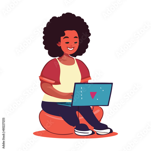 illustration of a woman sitting happily working in front of a laptop screen