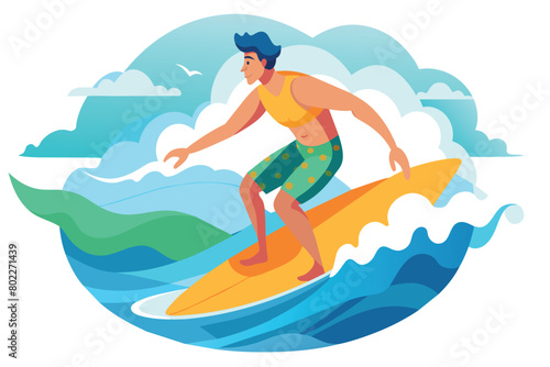A man is surfing on a yellow surfboard in the ocean