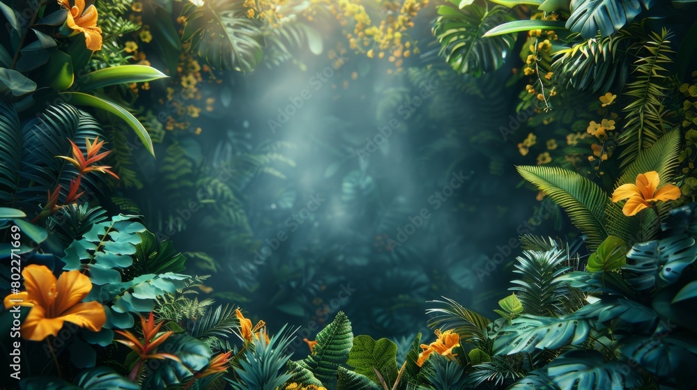 Fantasy forest with dark green leaves, sun rays shining through the foliage, Generative AI