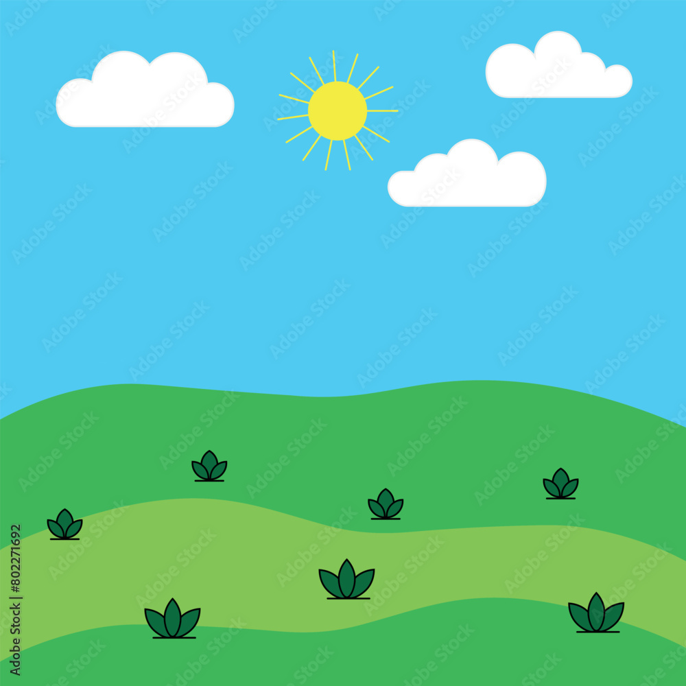 Beautiful colored vector illustration of summer landscape green and blue with white clouds and sun