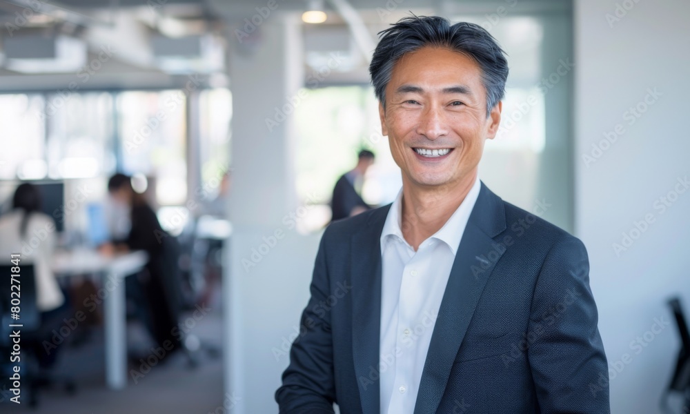 Smiling Japanese Businessman in Office Setting, Natural Daylight
Smiling Japanese Businessman in Office Setting, Natural Daylight