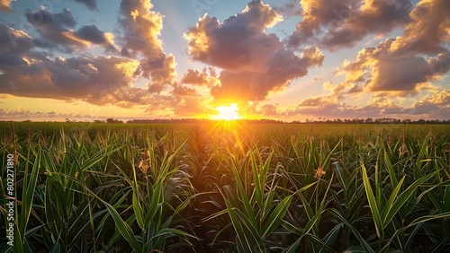 Sunset illuminates sugarcane field, powering the food industry with vibrant colors and energy. Concept Agriculture, Energy, Sunset, Sugarcane, Food Industry