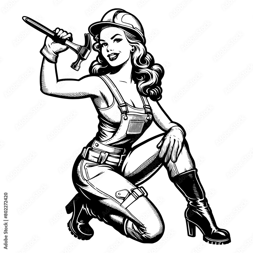 Fototapeta premium retro-styled worker woman in work attire, confidently wielding hammer sketch engraving generative ai fictional character PNG illustration. Scratch board imitation. Black and white image.