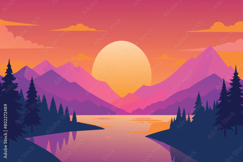 A beautiful mountain landscape with a large orange sun in the sky A beautiful mountain landscape with a large orange sun in the sky