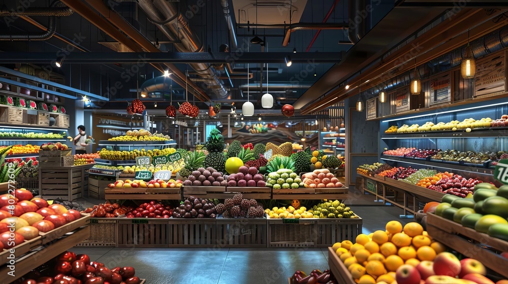 Fototapeta premium Render a digital 3D visualization of a dynamic rear view of a fruit market, featuring realistic lighting and intricate details of various fruits on display Create a photorealistic scene that immerses
