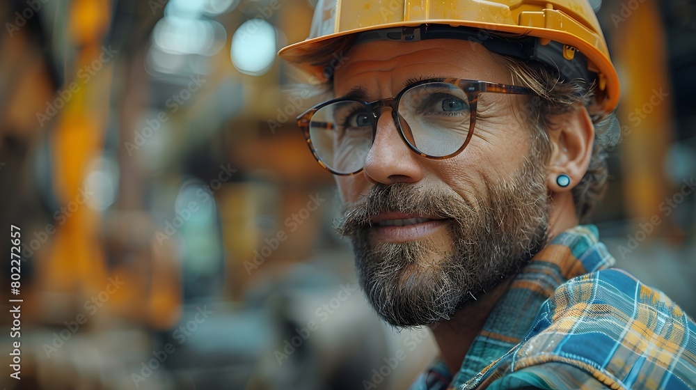 Portrait of a bearded man in a hard hat and glasses in an industrial setting. Portrait of a bearded man in a hard hat and glasses in an industrial setting.