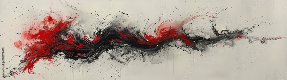 Aerial view reveals the artistry of thin red and black oil paint strokes Aerial view reveals the artistry of thin red and black oil paint strokes