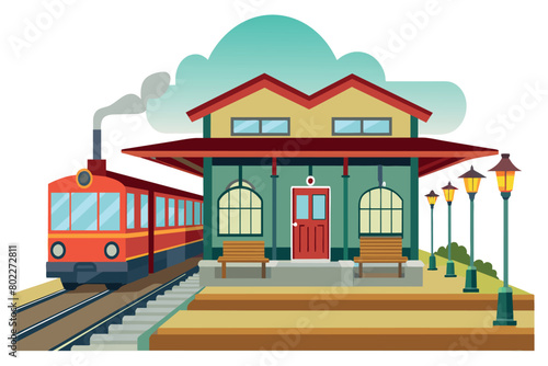 A train is pulling into a station with a red building in the background