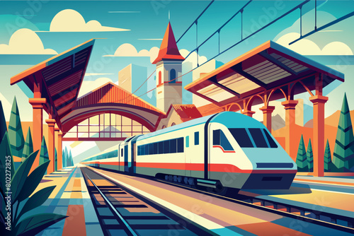 A train is traveling down the tracks at a train station