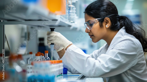 Side View Of An Indian Female Scientist Using A Micro Pipette In A Test Tube For Test Analysis In A Laboratory