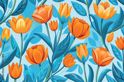 A blue and orange flower pattern with many orange flowers