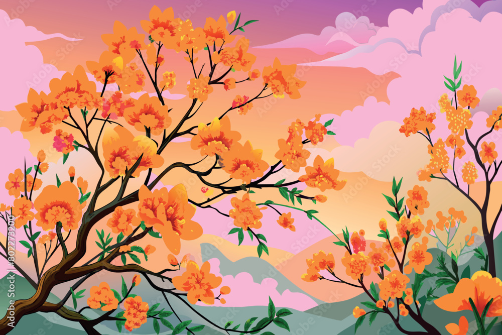 A painting of a tree with orange blossoms and a pink sky