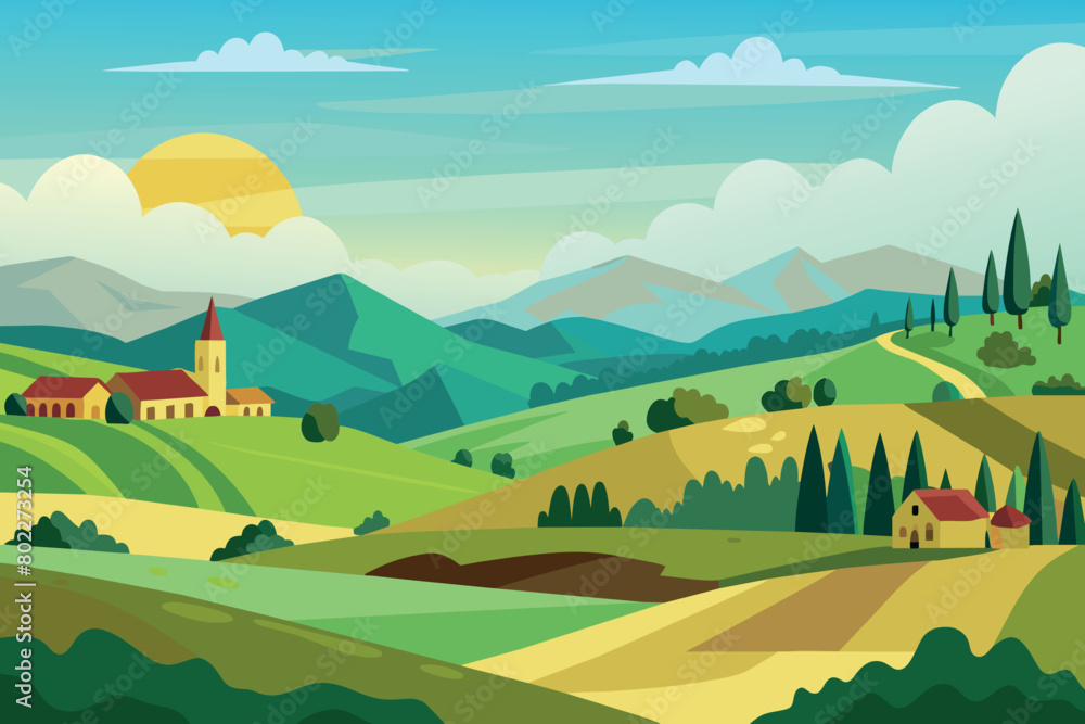 A beautiful countryside scene with a small village and a church A beautiful countryside scene with a small village and a church